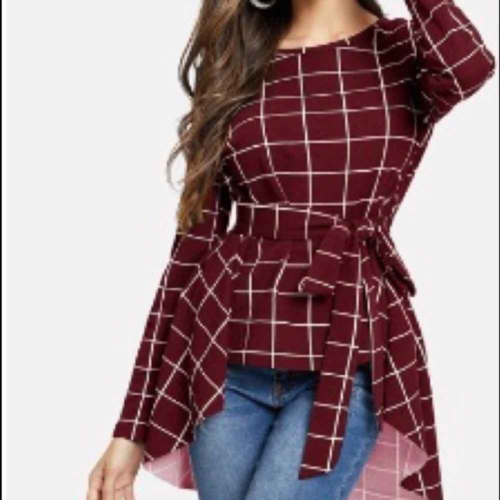 Asymmetric hem belted grid top